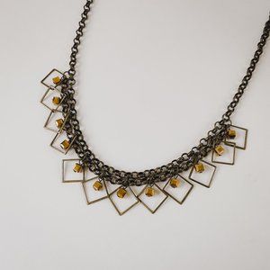 Boho Geometric Square Brass Tone Chain Brown Crystal Cube Beaded Bib Necklace